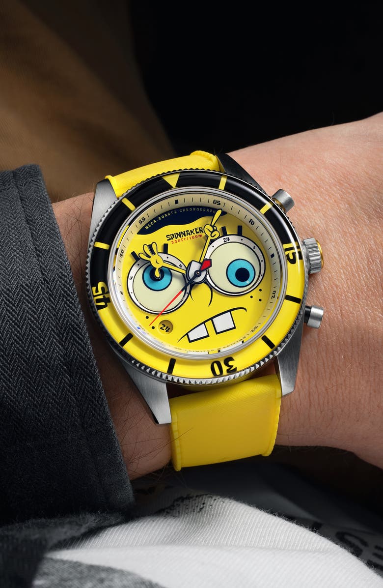 SPINNAKER Fleuss 'SpongeBob SquarePants<sup>™</sup>' Rubber Strap Chronograph Watch, 43mm, Alternate, color, 