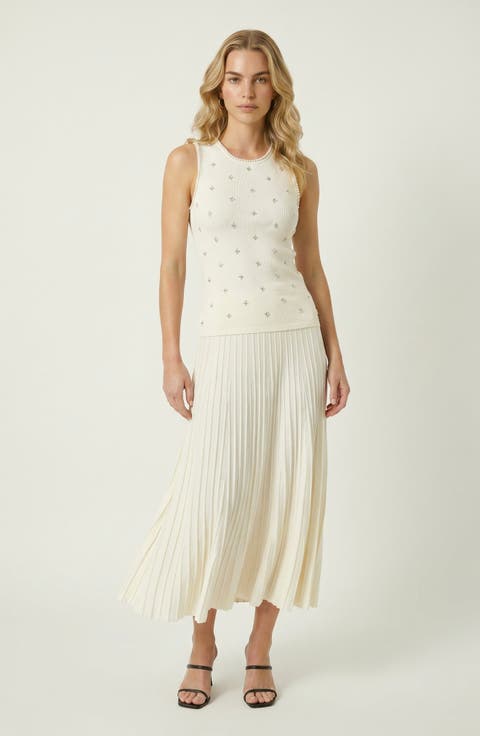 Pearl Embellished Pleated Midi Sleeveless Dress
