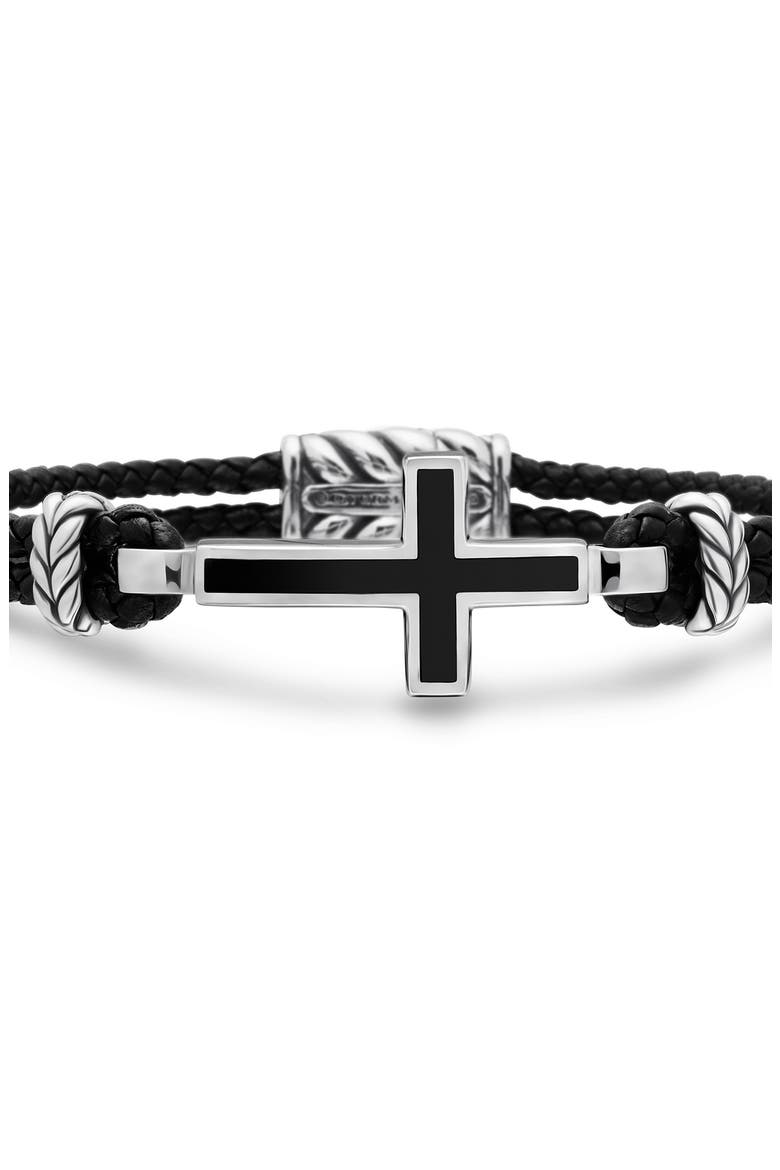Men's Stone Cross Bracelet in Black Leather with Sterling Silver & Black Onyx, 3mm, Alternate, color, SILVER
