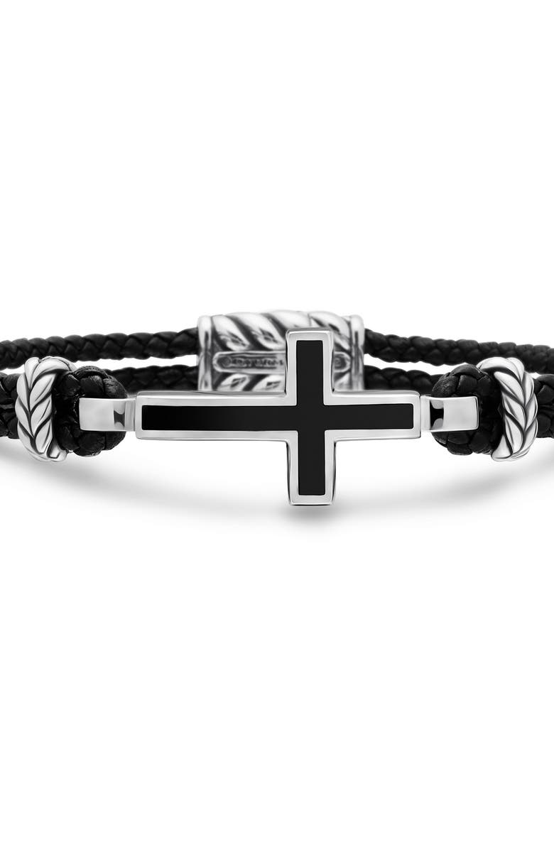 David Yurman Men's Stone Cross Bracelet in Black Leather with Sterling Silver & Black Onyx, 3mm, Alternate, color,