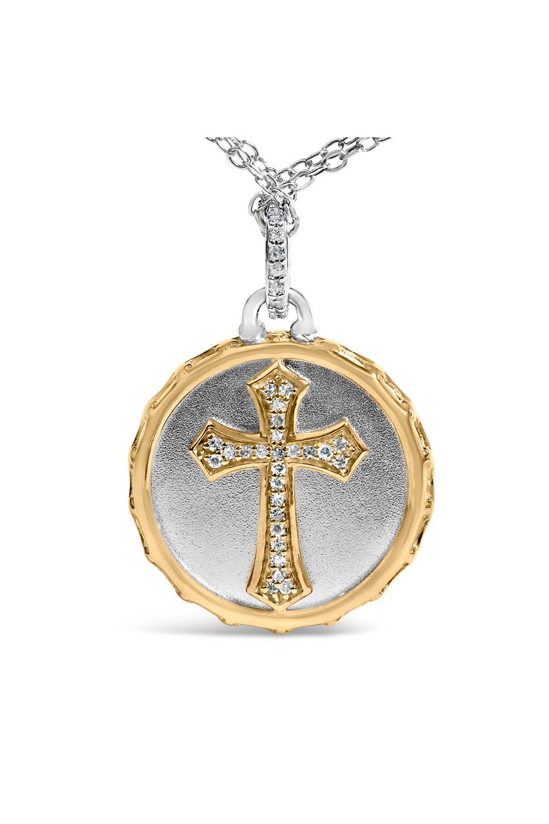 14K Yellow Gold Plated Sterling Silver 1/10 Cttw Diamond Cross Medallion Pendant Necklace, Alternate, color, Yellow Gold over Silver