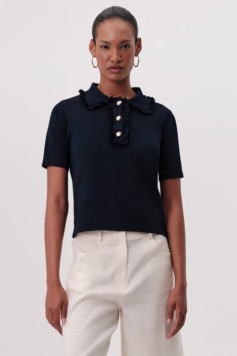 Parker Ruffle Collar Short Sleeve Knit Blouse