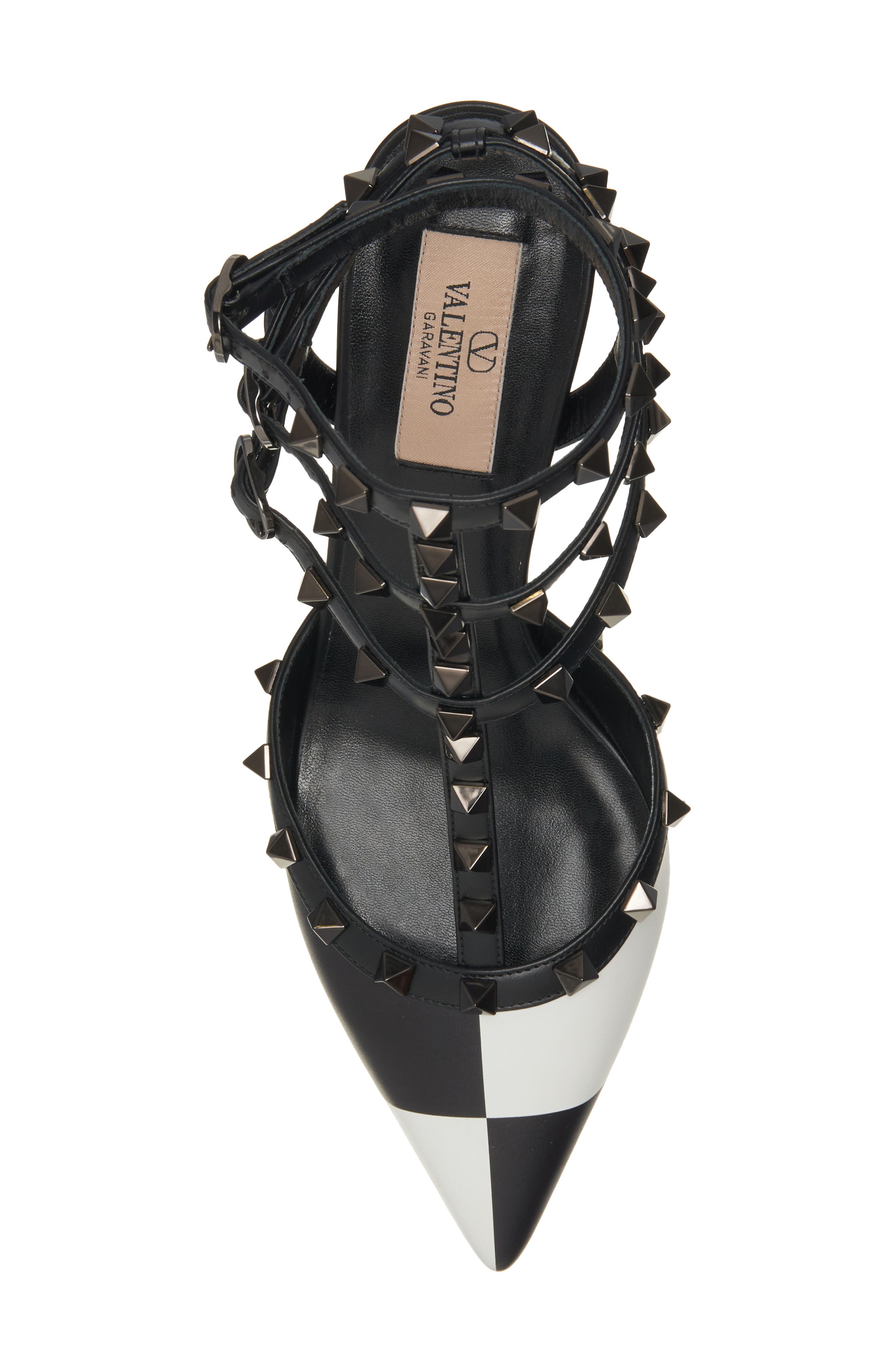 Valentino Garavani Rockstud Pointed Toe T-Strap Pump, Alternate, color, A01 Bianco/ Nero