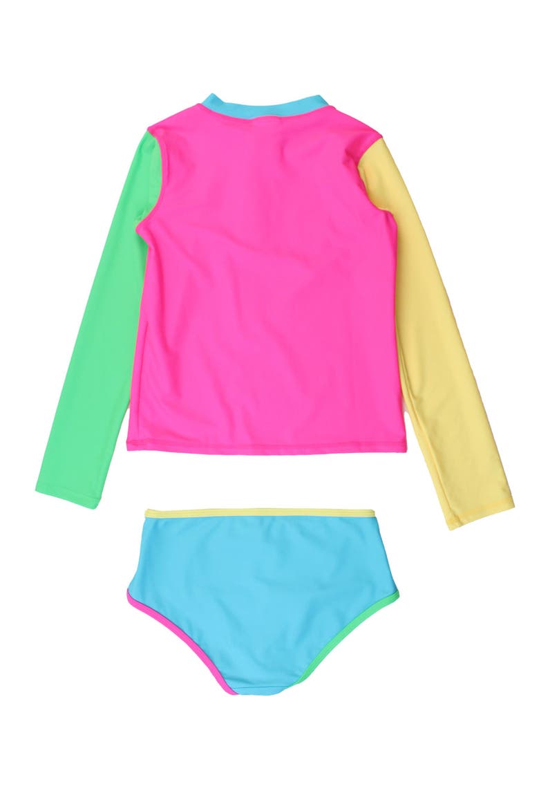 Long Sleeve Zipper Rash Guard 2-Piece Bikini Swimsuit, Alternate, color, Neon Color Block