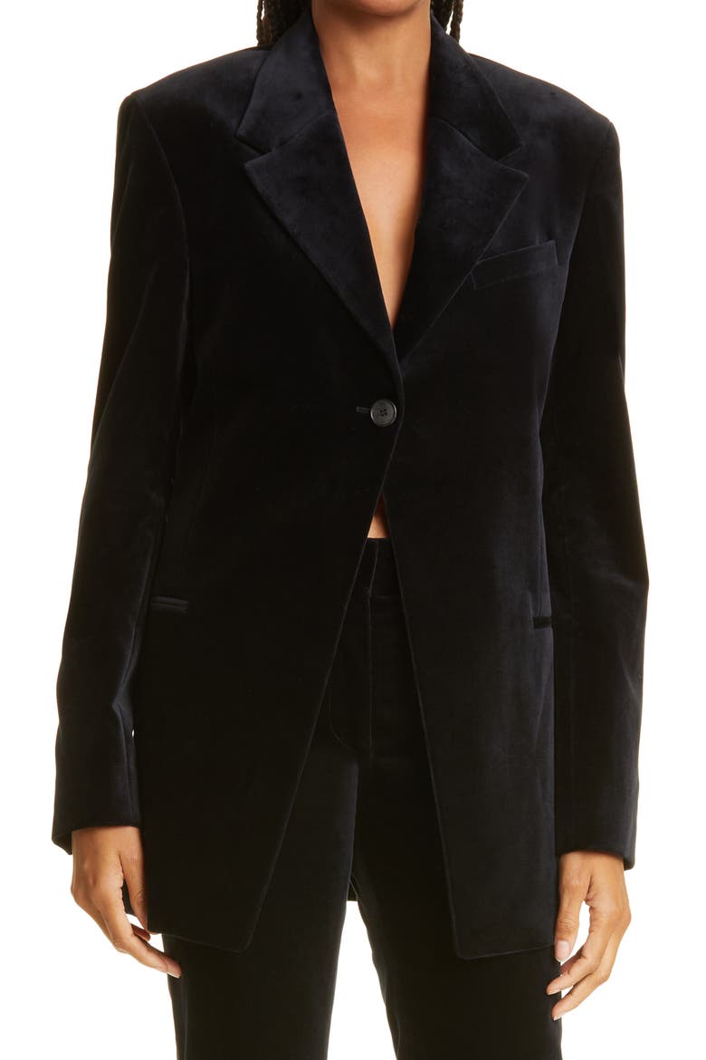 One-Button Stretch Cotton Velveteen Blazer, Main, color, NOIR