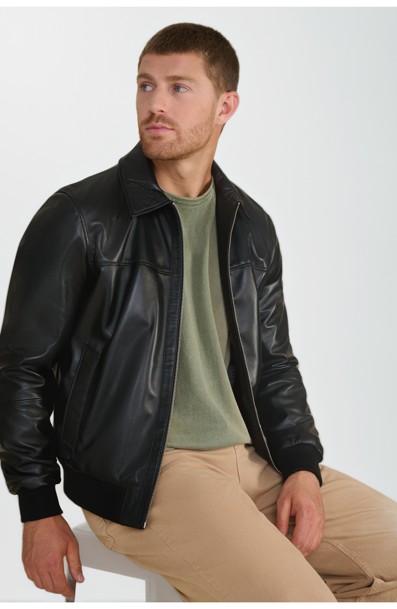 FURNIQ UK Mason Leather Bomber Jacket, Alternate, color, Black