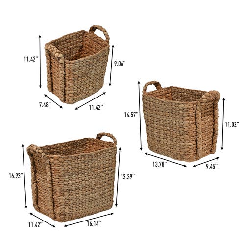 Happimess Clara Farmhouse Classic Handwoven Hyacinth Rectangle Storage Floor Baskets With Handles, In Natural
