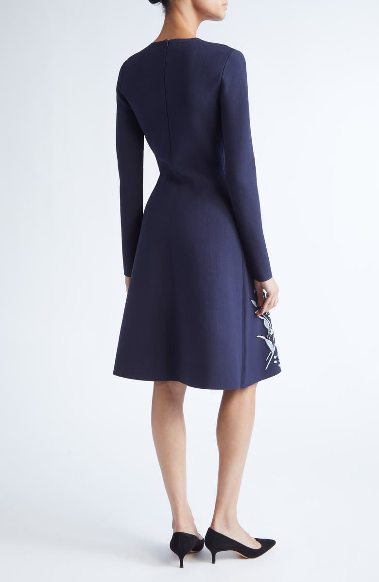 Lela Rose Peony Metallic Jacquard Long Sleeve Fit & Flare Dress, Alternate, color, Navy