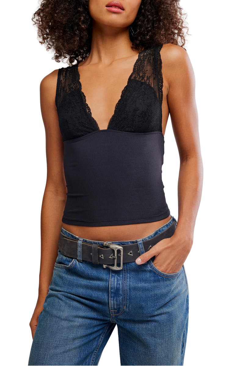 Free People Power Pay Lace Trim Camisole, Main, color, Black