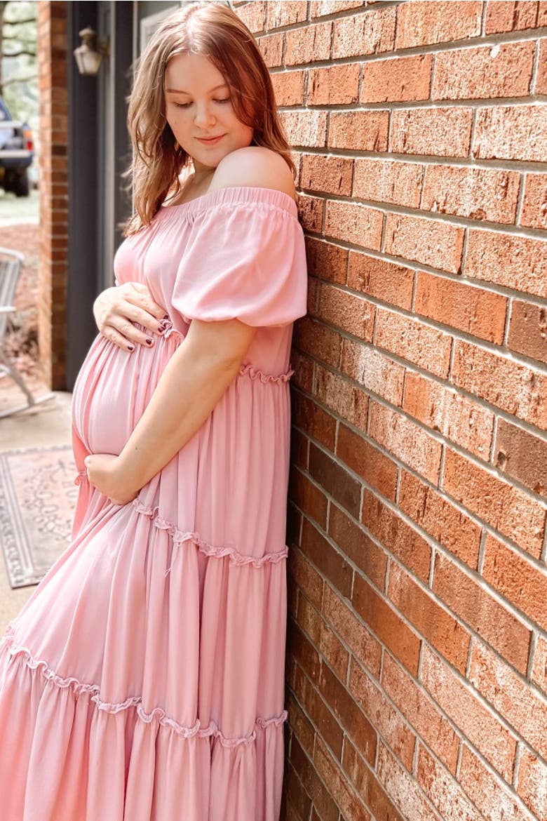 Off Shoulder Ruffle Tiered Maxi Dress, Alternate, color, Mauve