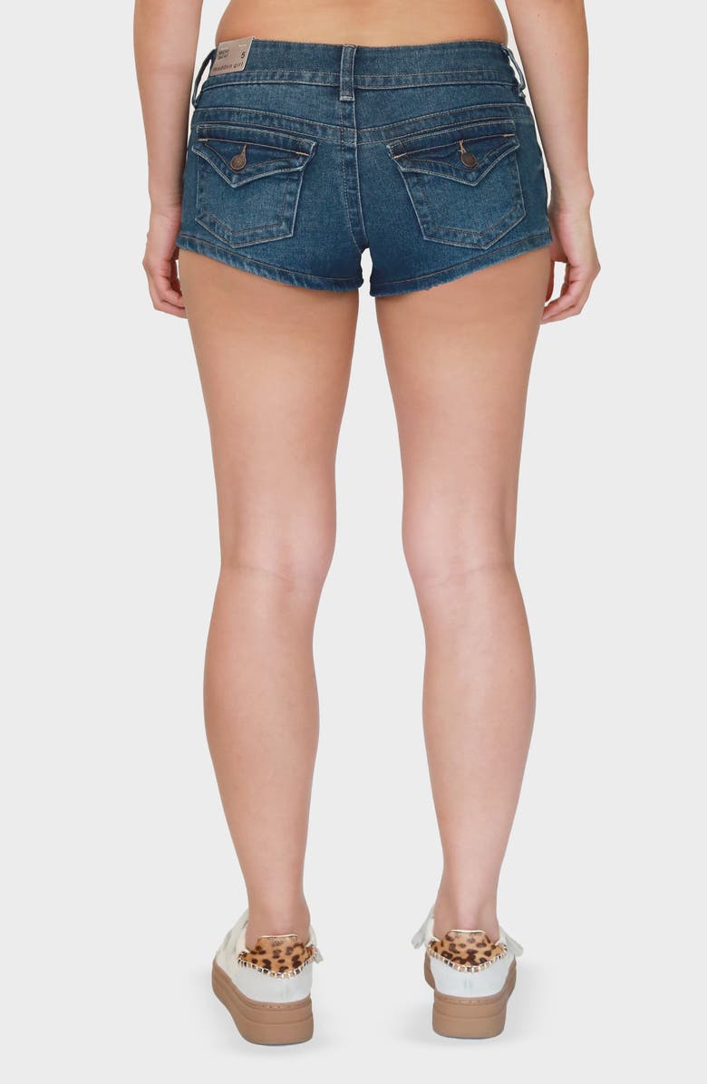Madden Girl Button Flap Micro Mini Denim Shorts, Alternate, color, Dark Wash