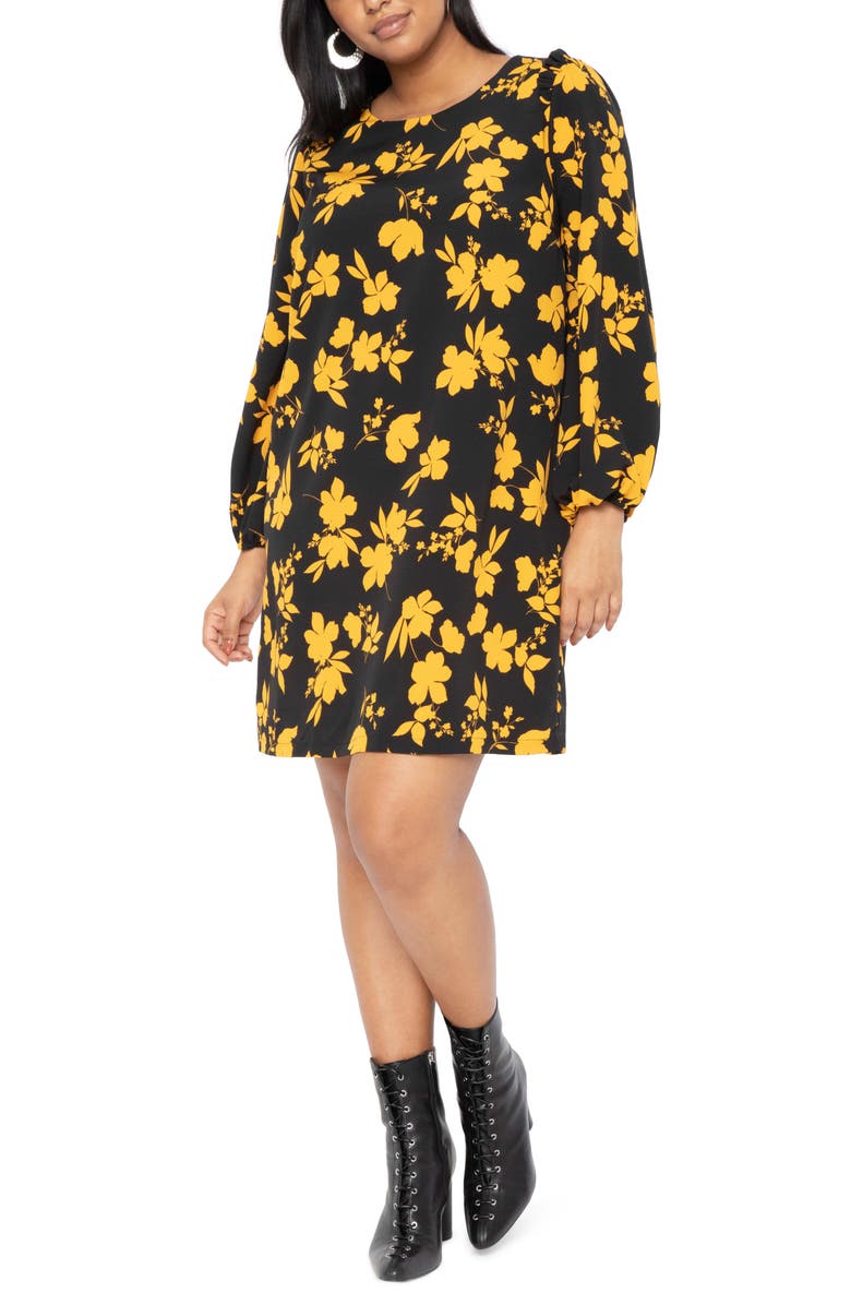 ELOQUII Floral Ruffle Long Sleeve Cotton Blend Crepe Shift Dress, Main, color, 