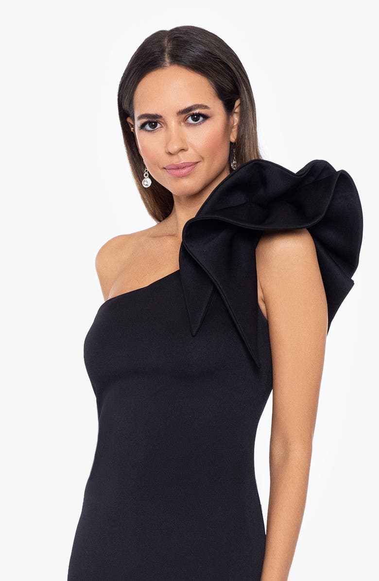 Betsy & Adam Ruffle One-Shoulder Scuba Knit Gown, Alternate, color, Black