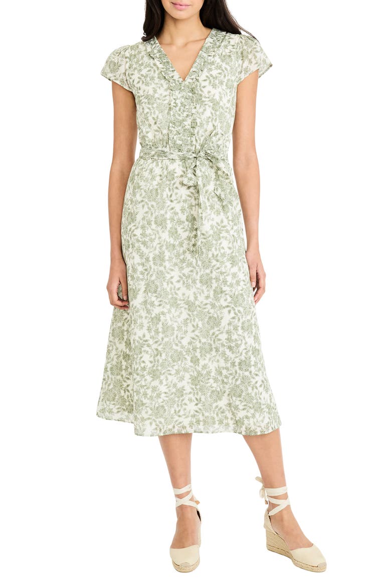 Floral Ruffle Cap Sleeve Midi Dress, Main, color, CREAM/ OLIVE GREEN