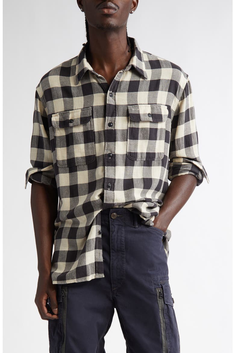 Check Cotton & Linen Flannel Button-Up Shirt, Main, color, BLACK/ CREAM