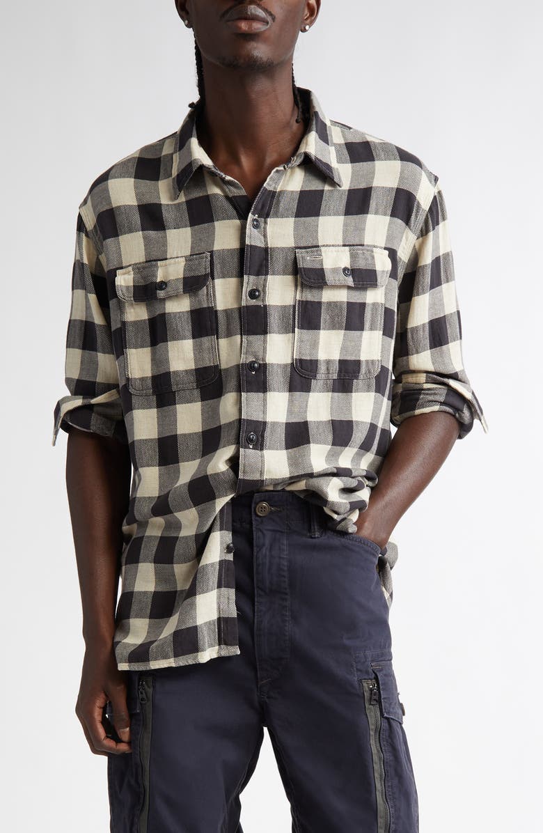 Double RL Check Cotton & Linen Flannel Button-Up Shirt, Main, color,