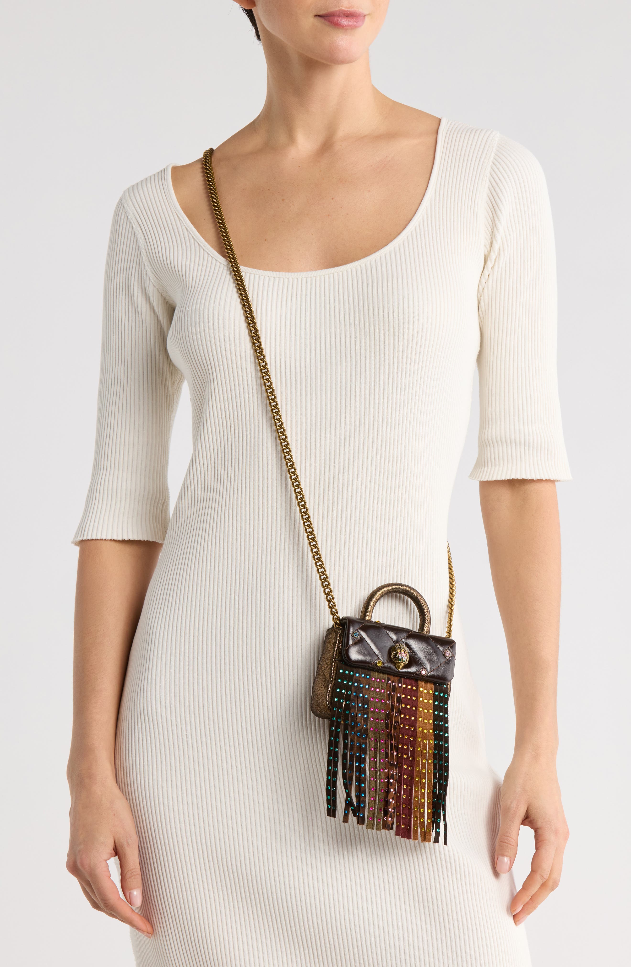 Kurt Geiger London Handle Micro Kensington Fringe Bag, Alternate, color, Brown