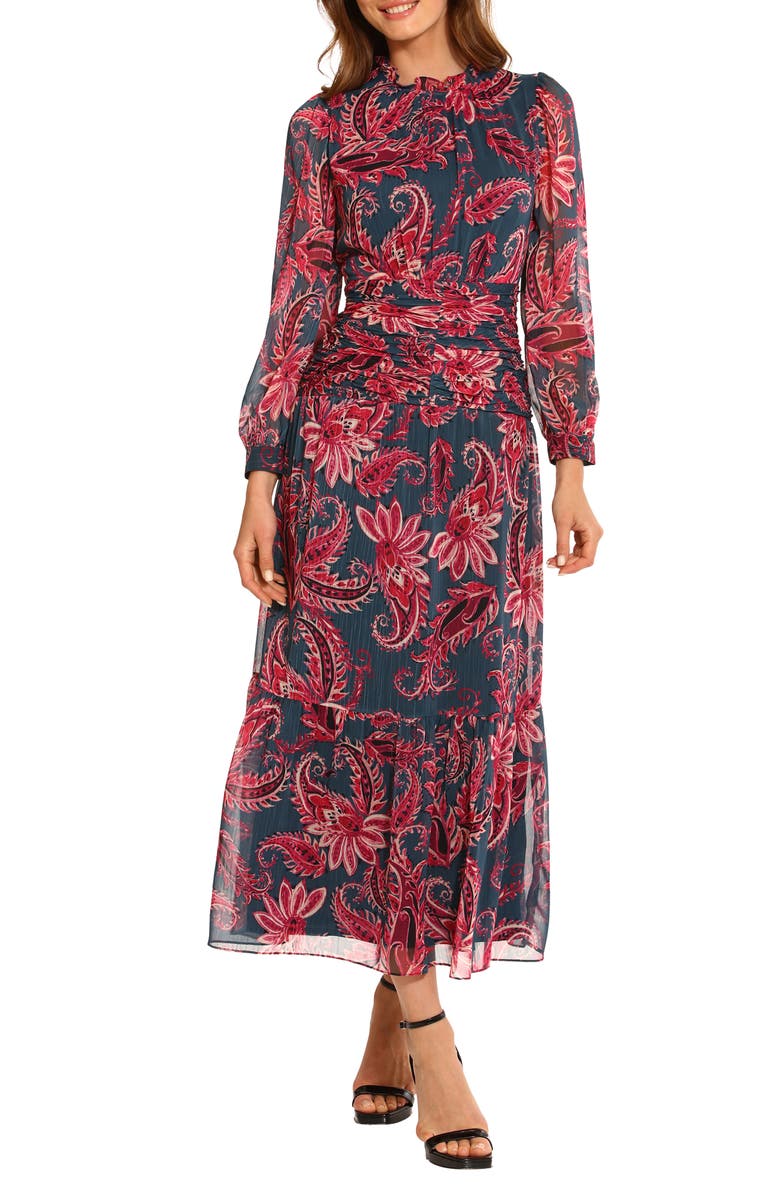 Maggy London Paisley Gathered Waist Long Sleeve Chiffon Maxi Dress, Main, color,