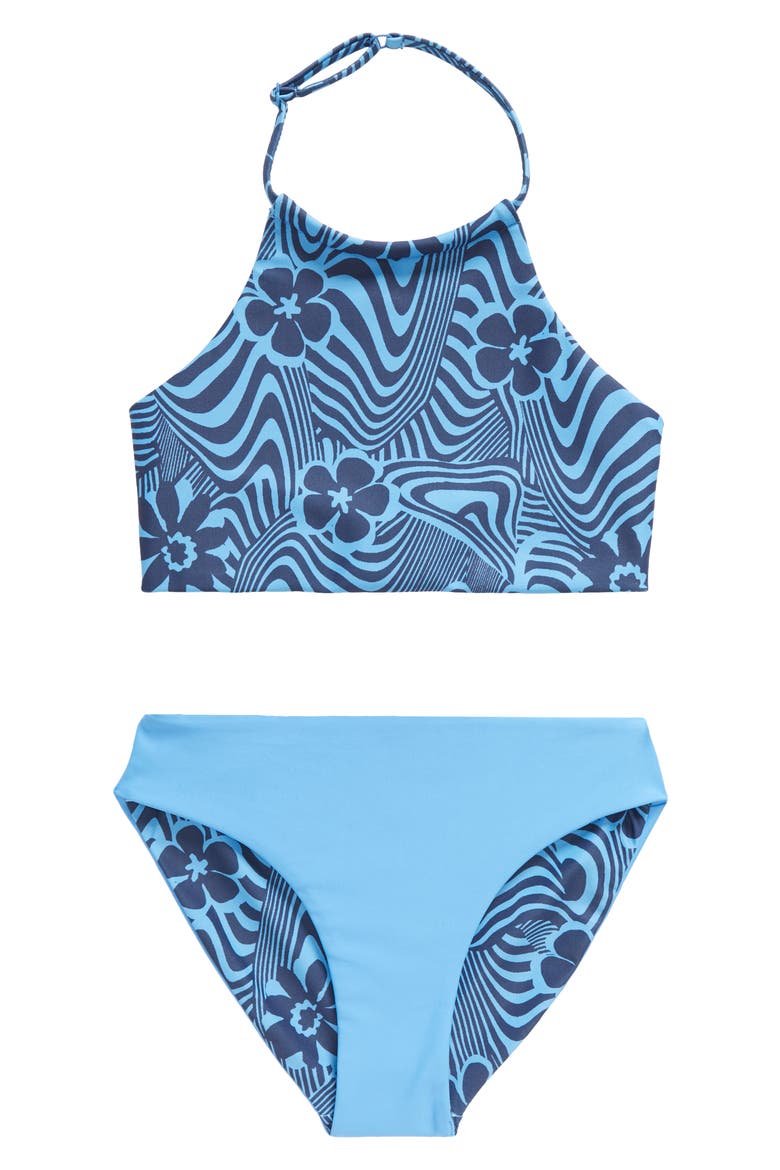 Kids' Just Breathe Reversible Two-Piece Swimsuit, Main, color, BLUE LAPIS PSYCHEDELIC DAISY