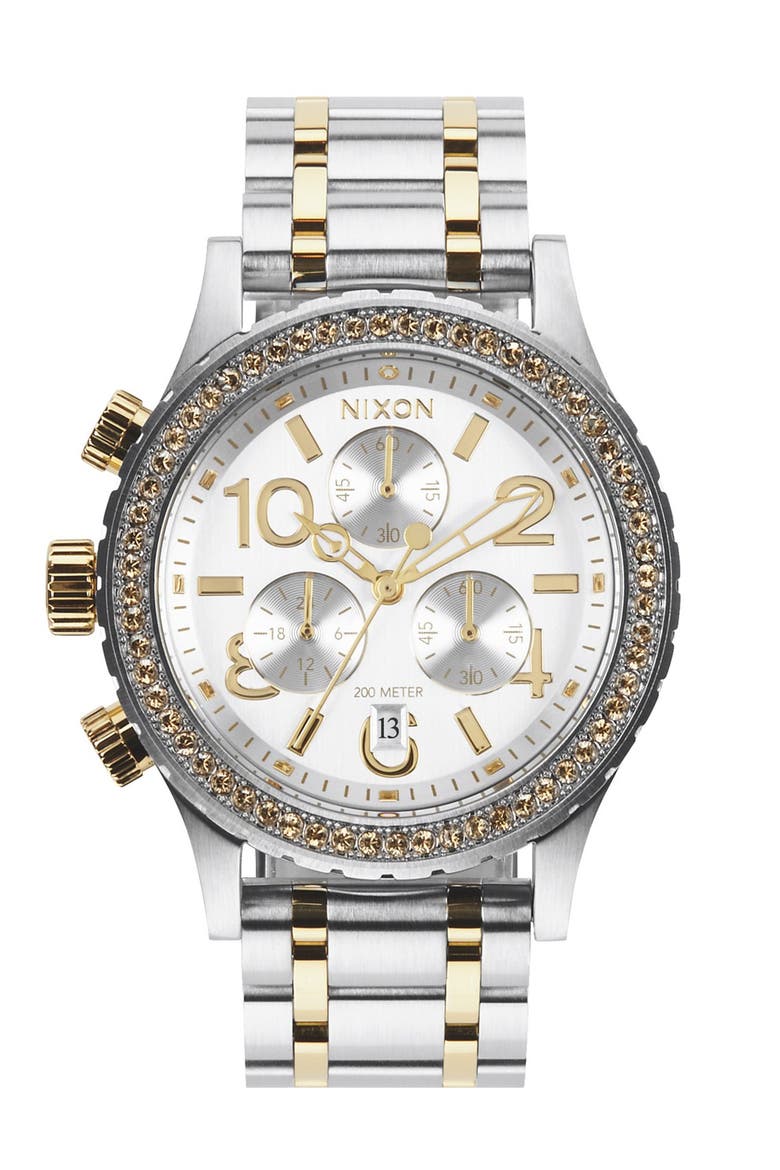 'The 38-20' Crystal Bezel Chronograph Bracelet Watch, 38mm, Main, color, SILVER/ GOLD