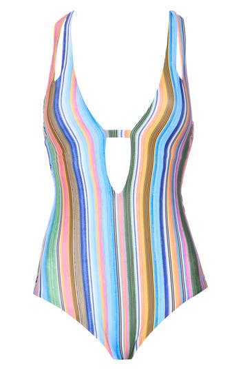 Shop Becca Cut Out Plunge One-piece Swimsuit In Coastal Stripe