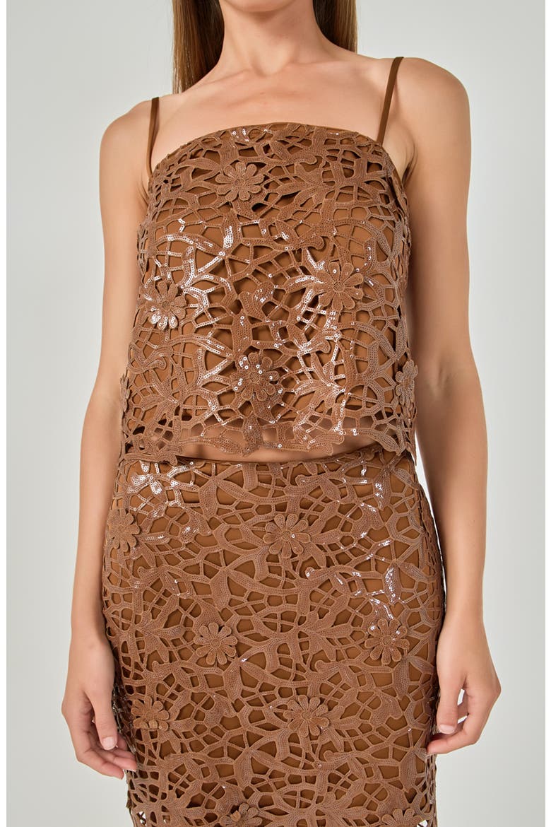 Sequin Floral Lace Cami Top, Main, color, DARK BROWN