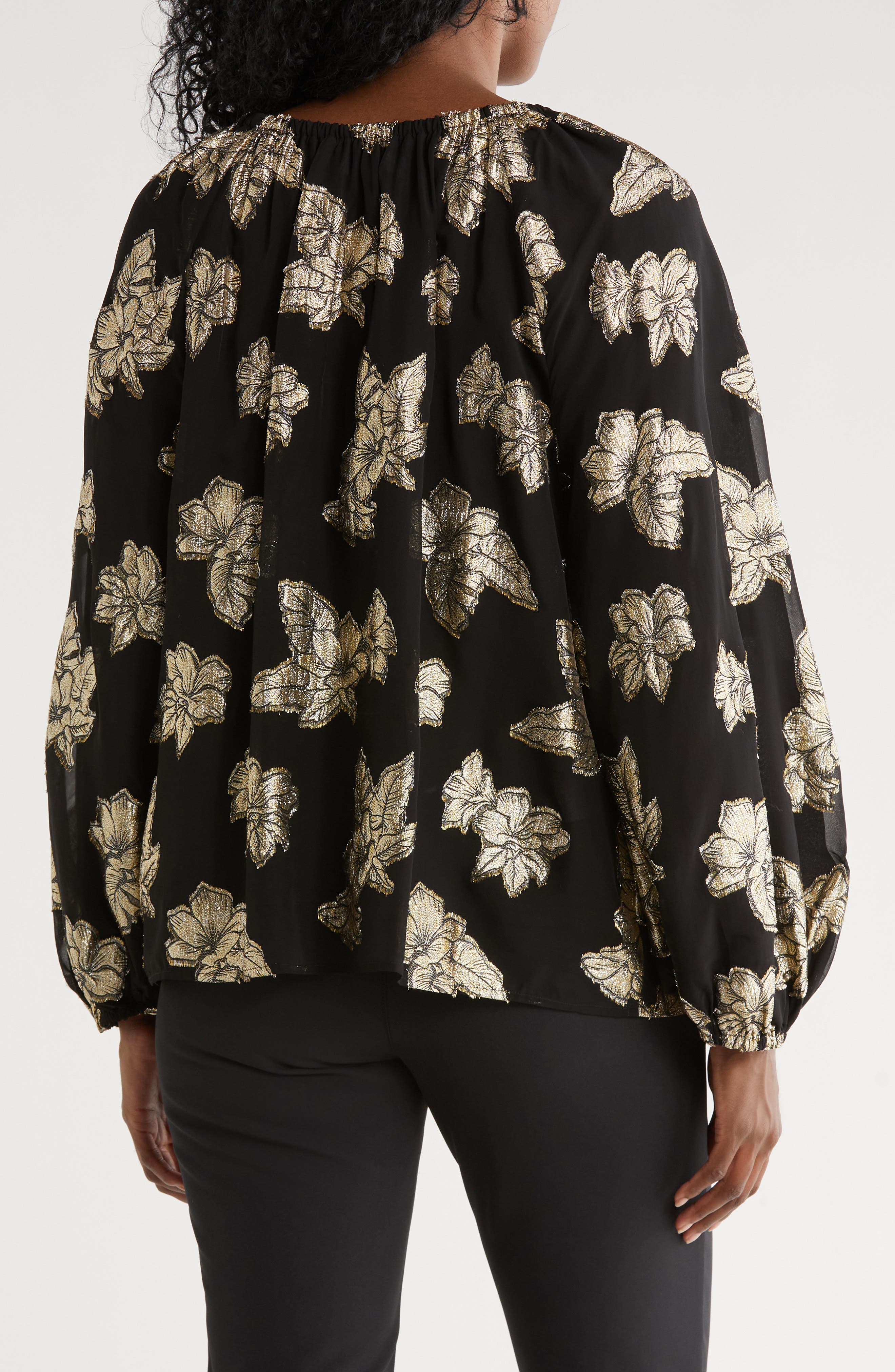 Shimmering Shores Metallic Leaf Print Split Neck Top - image 2