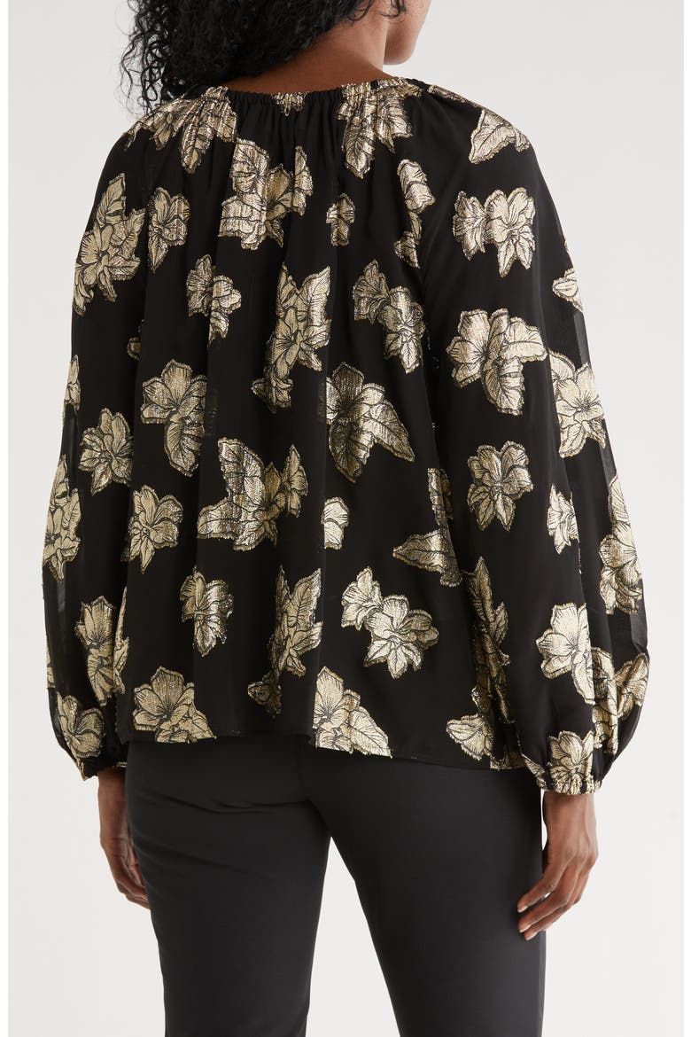 Shimmering Shores Metallic Leaf Print Split Neck Top, Alternate, color, BLACK