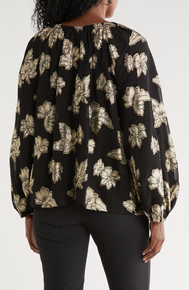 Tommy Bahama Shimmering Shores Metallic Leaf Print Split Neck Top, Alternate, color, Black