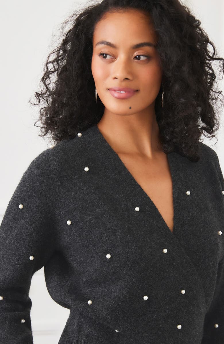 Karen Kane Faux Pearl Embellished Wrap Sweater, Alternate, color, Charcoal