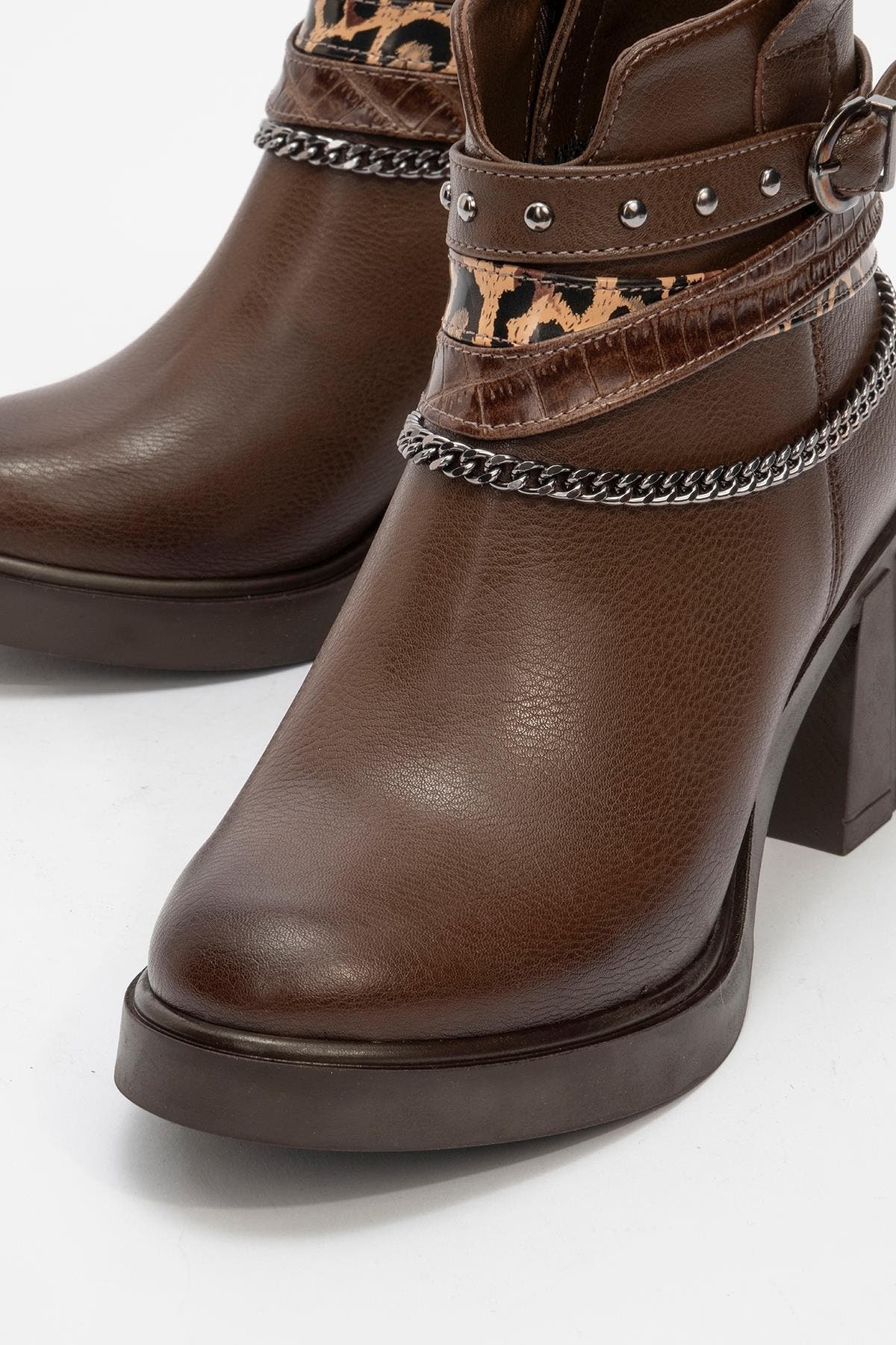 Boliva Buckled Chain Block Heel Boot, Alternate, color, Brown Faux Leather