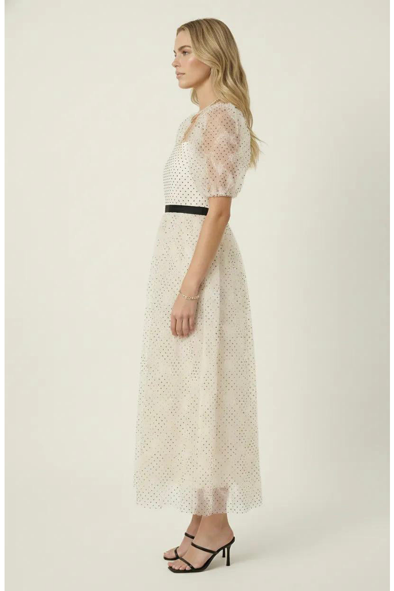Embroidered Puff Sleeve Square-Neck Midi Dress, Alternate, color, Ivory