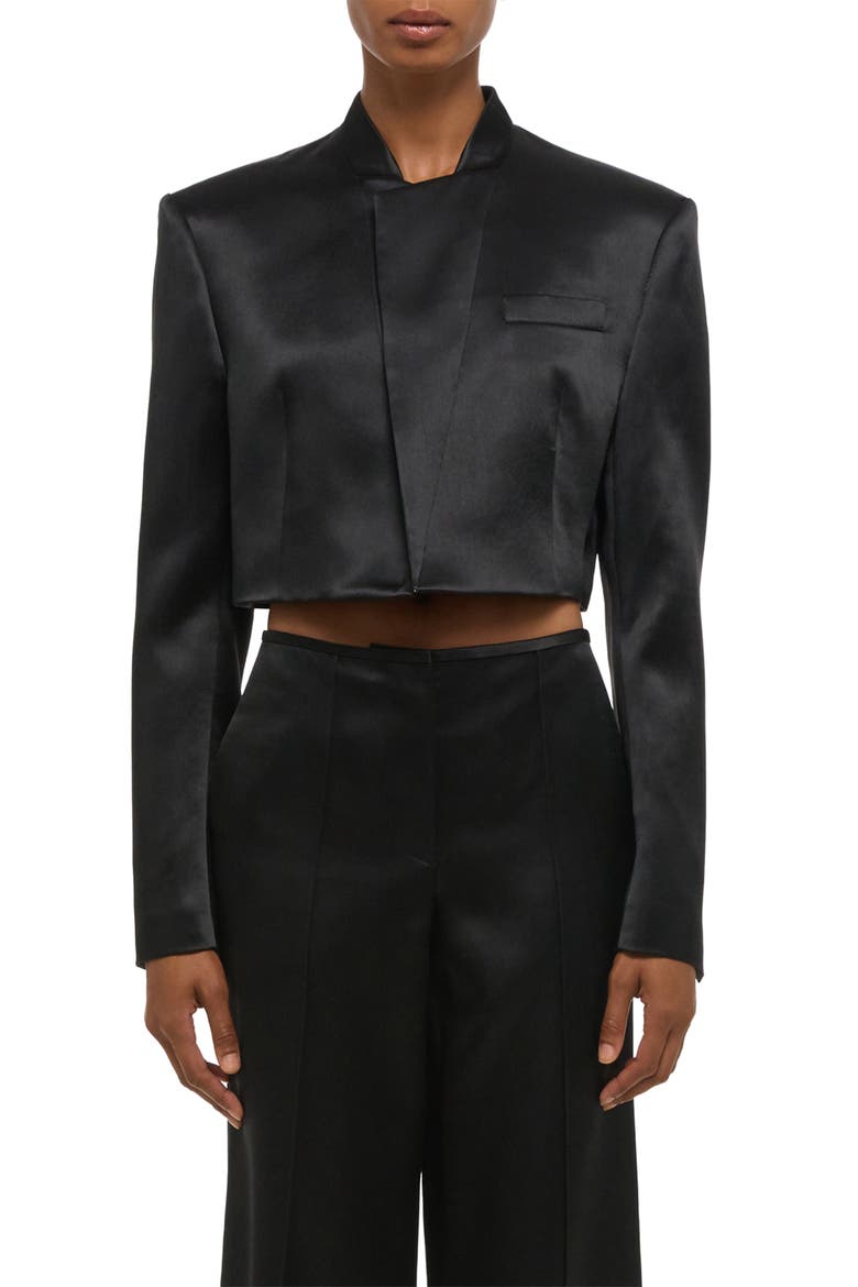 Crop Satin Blazer, Main, color, BLACK
