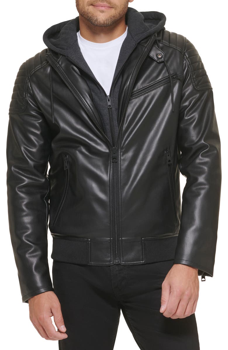 GUESS Removable Hood Faux Leather Jacket, Main, color, 