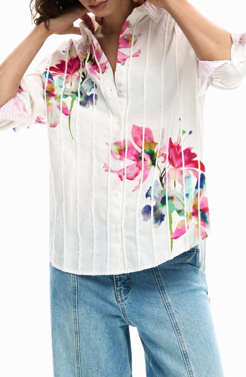 Placement Print Cotton Button-Up Shirt