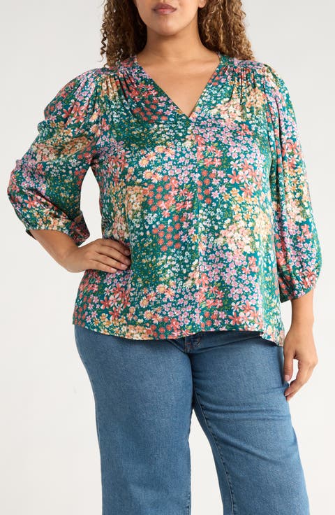 Floral V-Neck Long Sleeve Top (Plus)