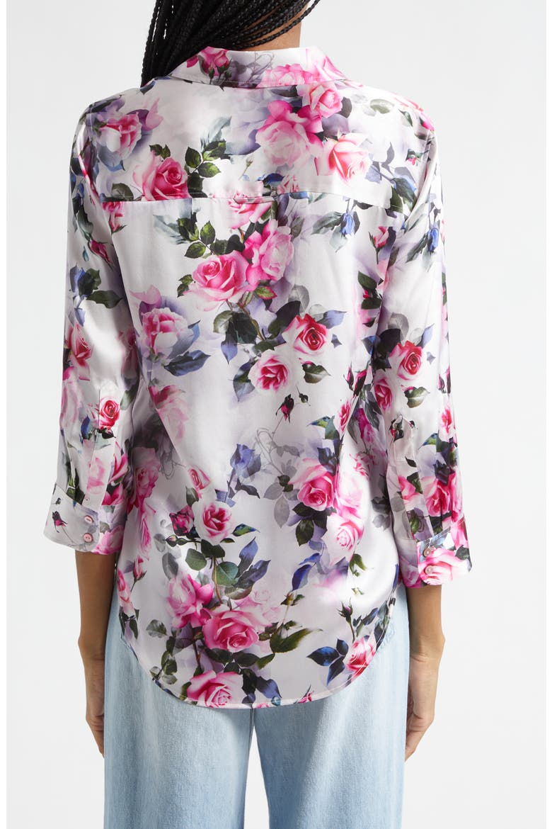 Dani Floral Print Three-Quarter Sleeve Silk Button-Up Shirt, Alternate, color, PINK MULTI WATER ROSE