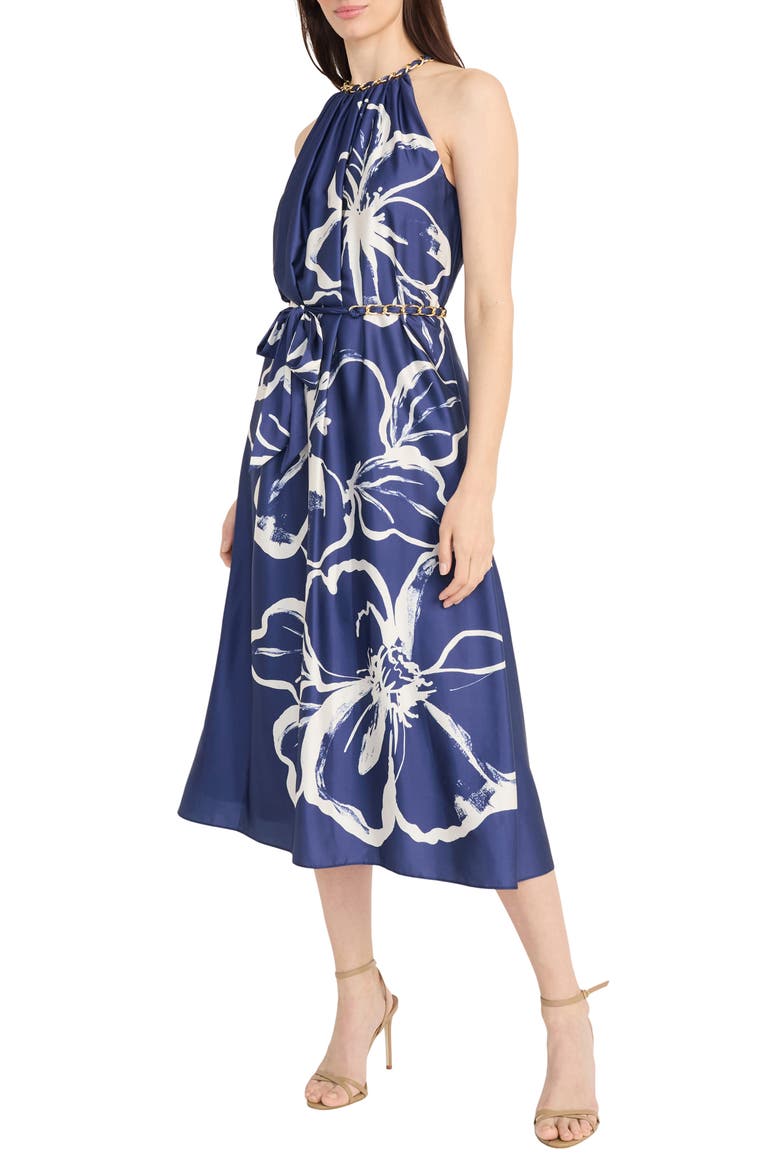 Floral Halter Neck Belted Midi Dress, Alternate, color, NAVY/ IVORY