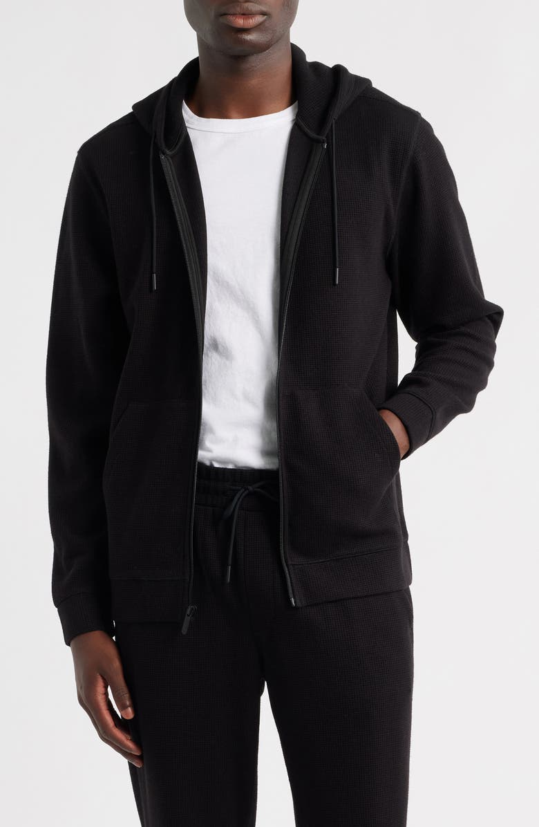 Zella Waffle Knit Zip-Up Hoodie, Main, color, Black Caviar