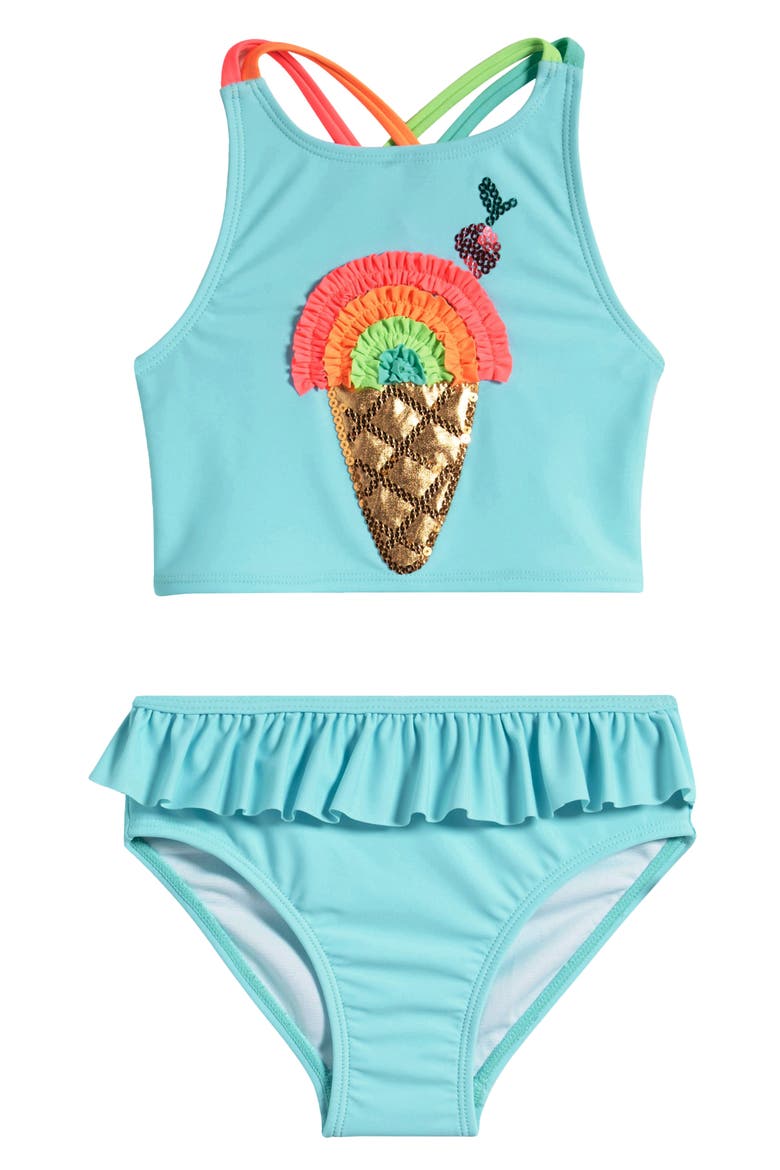Kids' Ice Cream Appliqué Two-Piece Swimsuit, Main, color, AQUA