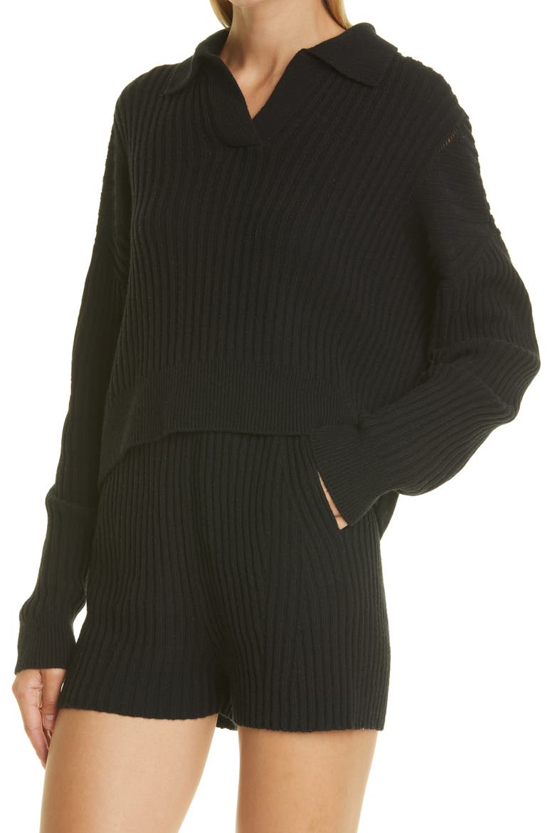 Maxine Ribbed Merino Wool & Cotton Blend Polo Sweater, Alternate, color, BLACK