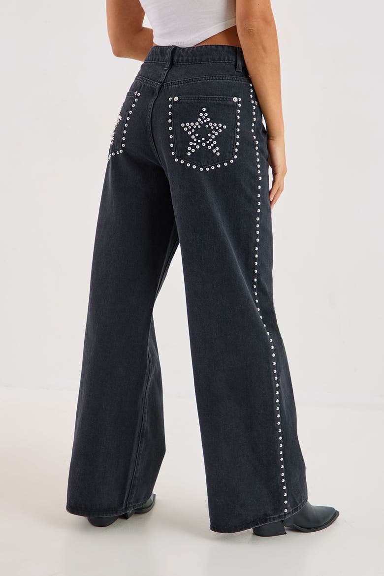 Star Studded Baggy Denim Jeans, Alternate, color, Washed Black