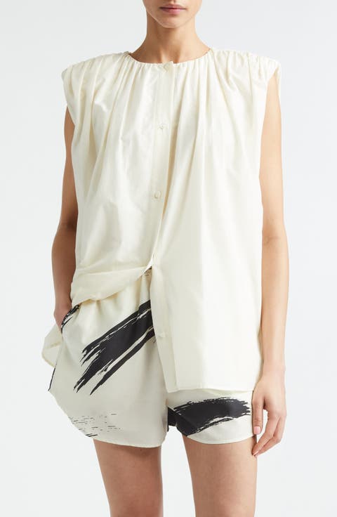 Anca Gathered Sleeveless Cotton & Silk Voile Button-Up Top