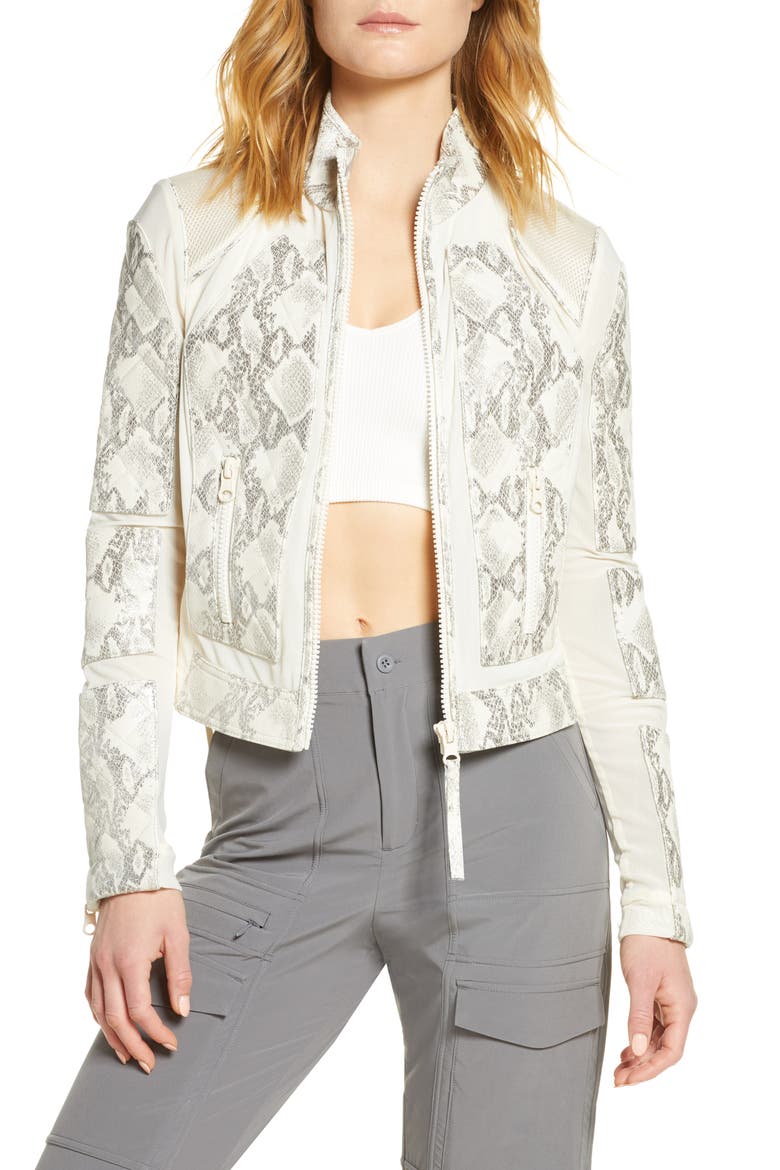 Snakeskin Print Quilted Leather & Mesh Moto Jacket, Main, color, SNAKE