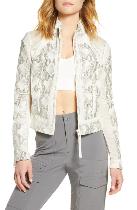 Snakeskin Print Quilted Leather & Mesh Moto Jacket