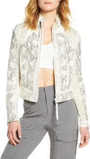Blanc Noir Snakeskin Print Quilted Leather & Mesh Moto Jacket