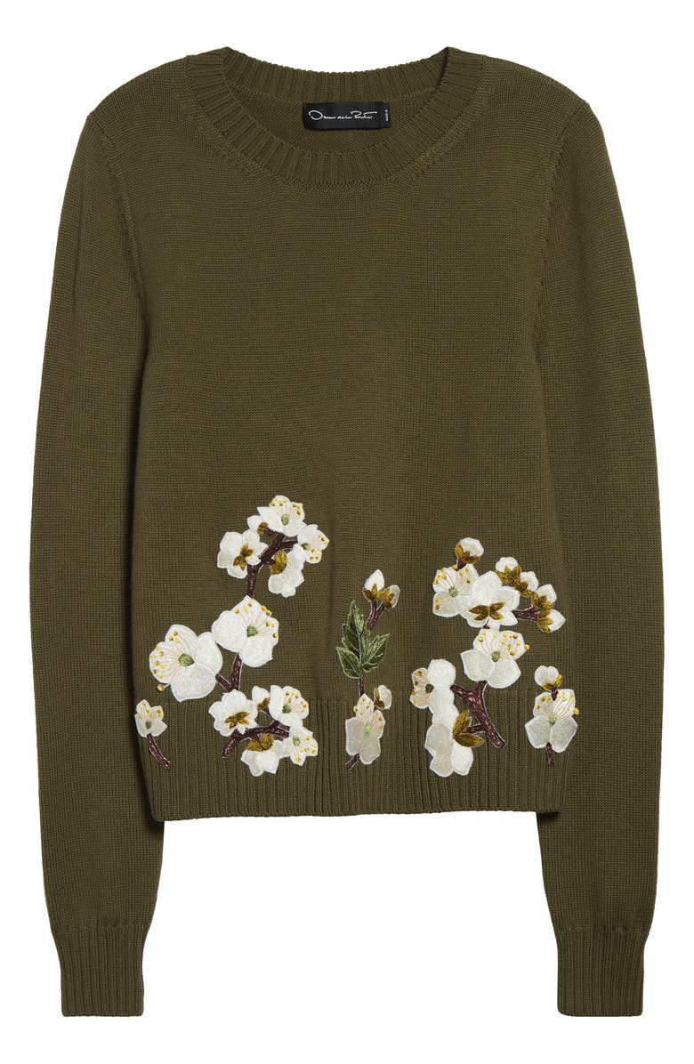 Oscar de la Renta Cherry Blossom Embroidered Virgin Wool Sweater, Alternate, color, Khaki