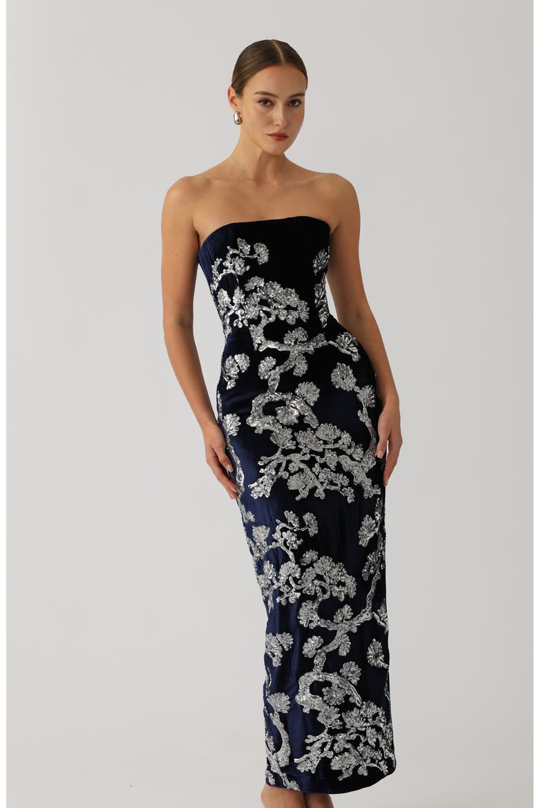 Ilsa Sequin Strapless Silk Velvet Sheath Gown, Alternate, color, MIDNIGHT BLUE