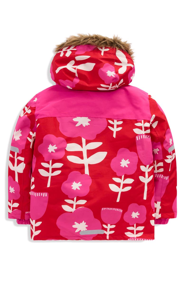 Mini Boden Kids' All Weather Faux Fur Trim Hooded Waterproof Coat, Alternate, color, Giant Pink Flower