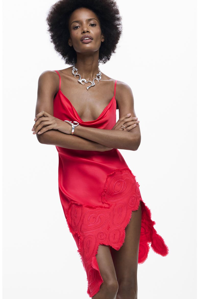 Lace Trim Asymmetric Slipdress, Alternate, color, RED